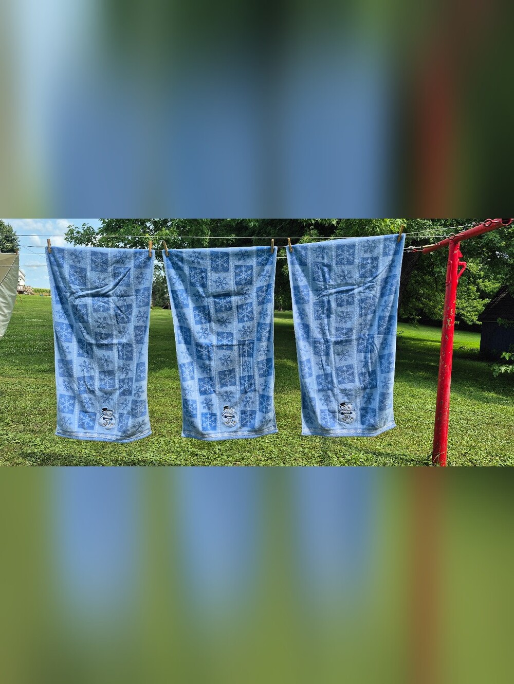 ​Set of 3 Blue Snowflake Bath Towels Embroidered Snowman Family Winter Christmas